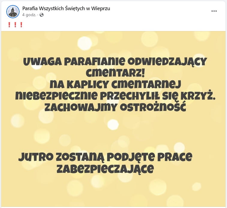 Na kaplicy cmentarnej przechylił się krzyż Parafia ostrzega wrzuc info