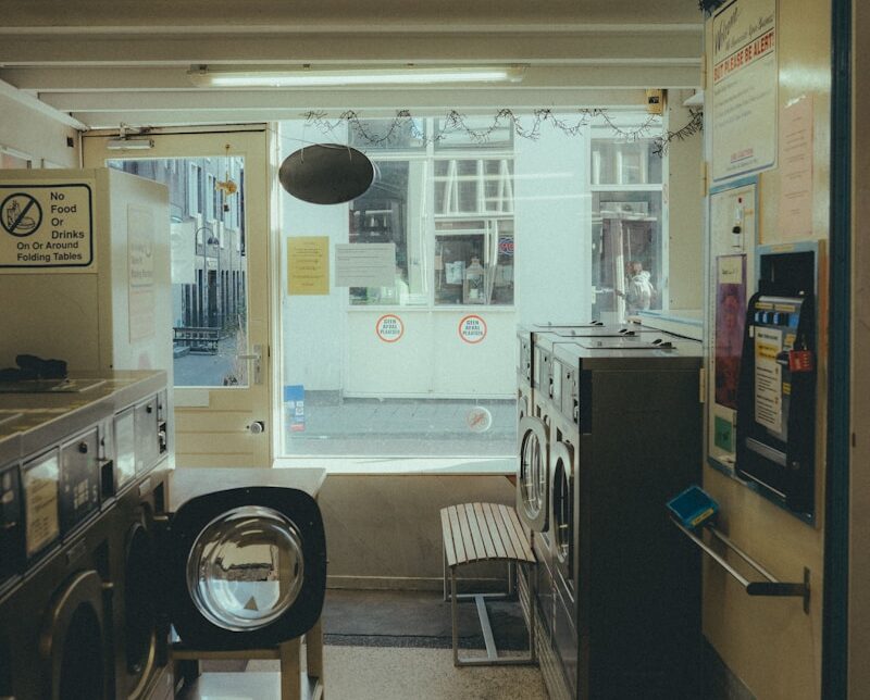 a room with a washer and dryer inside of it