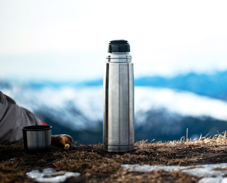 silver vacuum flask on brown dried grass