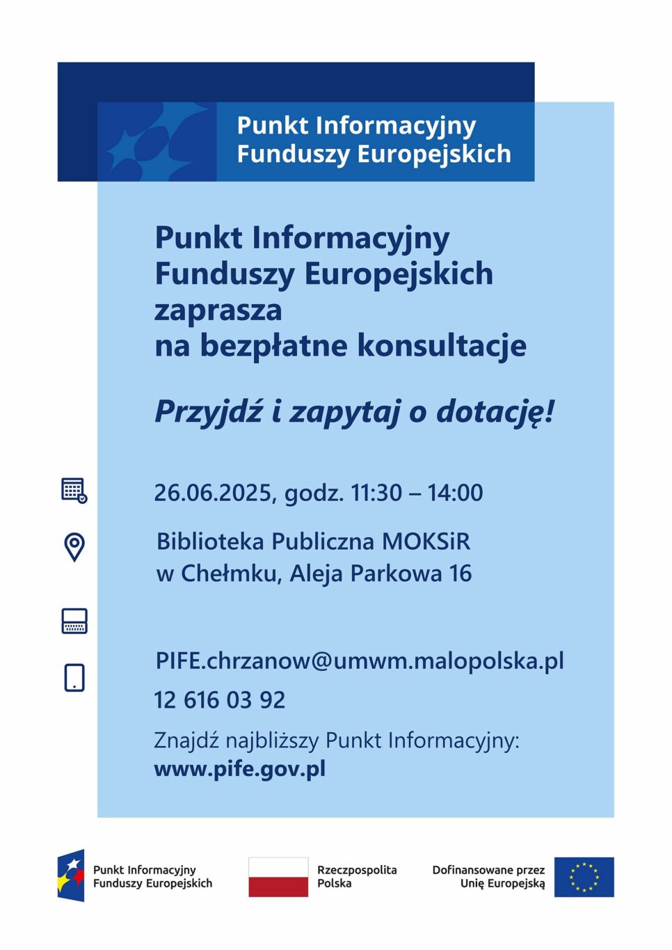 Bezpłatne konsultacje dotyczące możliwości pozyskania funduszy europejskich dla mieszkańców gminy Chełmek. Chełmek