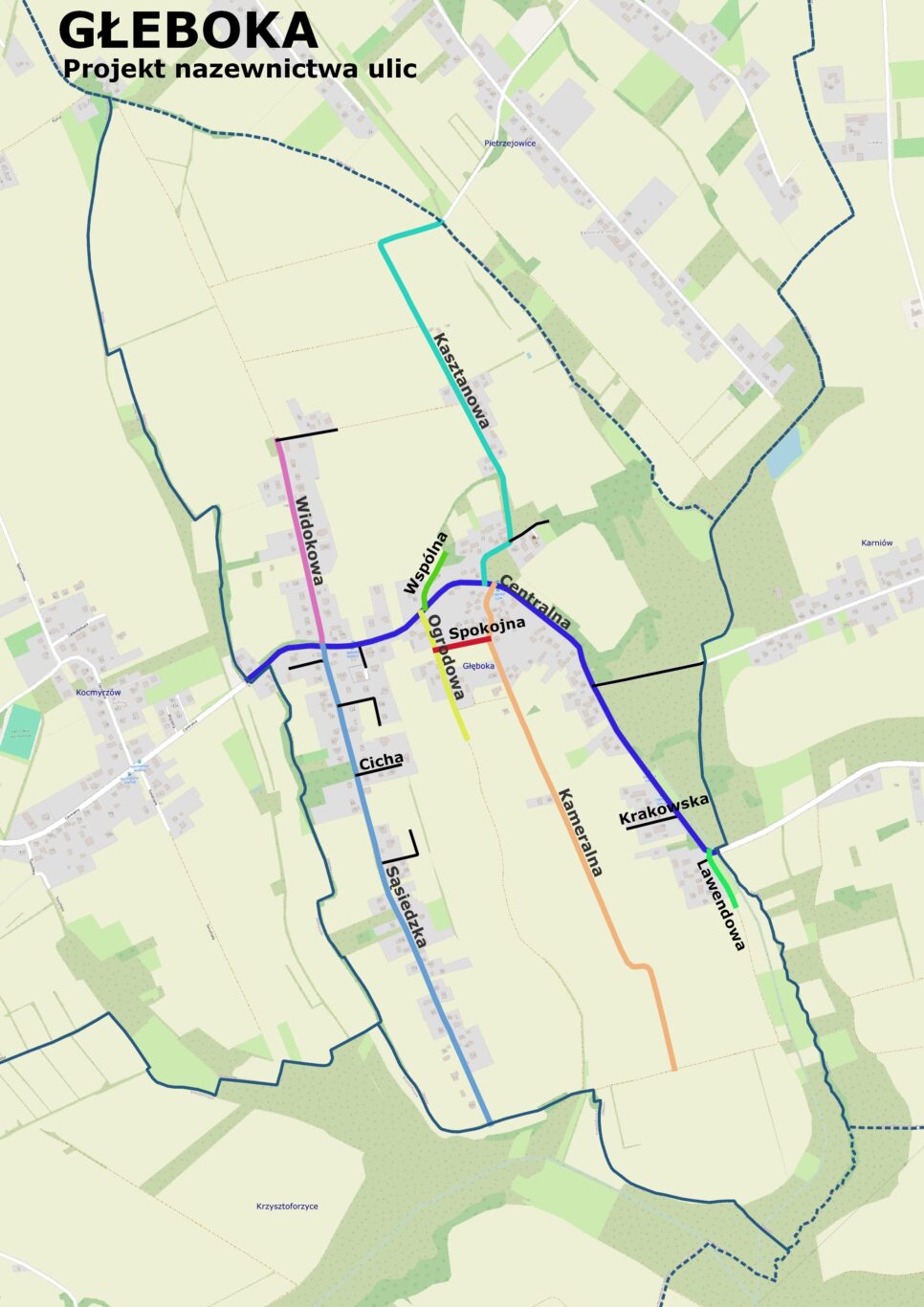 Nazwy ulic w miejscowości Głęboka. Gmina Kocmyrzów-Luborzyca