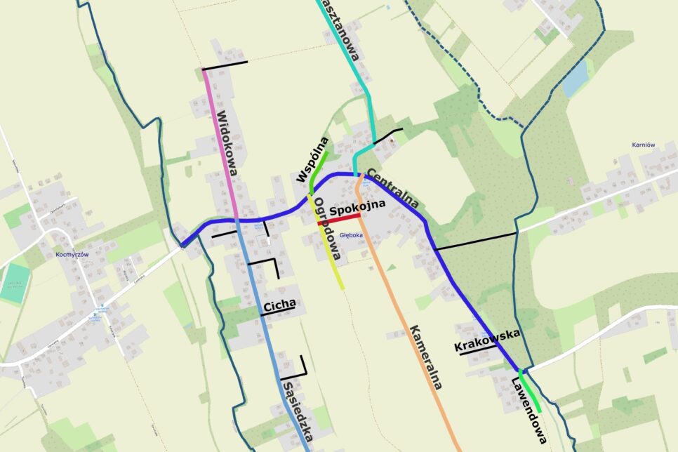 Nazwy ulic w miejscowości Głęboka. Gmina Kocmyrzów-Luborzyca