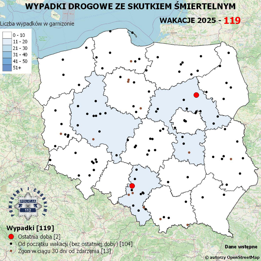 Policyjna mapa wypadków drogowych ze skutkiem śmiertelnym – Wakacje 2025. Zakopane