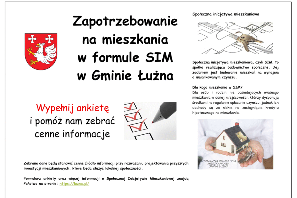 Ankieta dot. zapotrzebowania wśród mieszkańców na mieszkania budowane w formule Społecznej Inicjatywy Mieszkaniowej.. Gmina Łużna