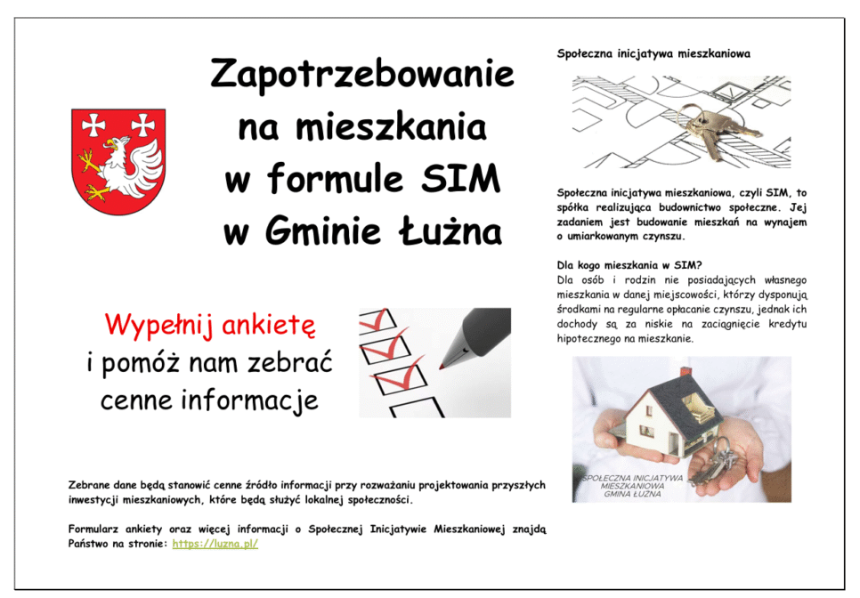 Ankieta dot. zapotrzebowania wśród mieszkańców na mieszkania budowane w formule Społecznej Inicjatywy Mieszkaniowej.. Gmina Łużna
