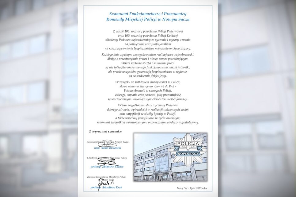 Życzenia od kierownictwa sądeckiej komendy z okazji Święta Policji. Nowy Sącz