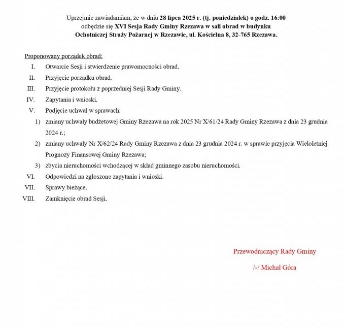 Zawiadomienie. Gmina Rzezawa