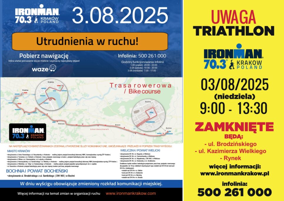 UWAGA! W niedzielę, 3 sierpnia 2025 r. znaczące utrudnienia w ruchu drogowym w Bochni i na DK94. Bochnia