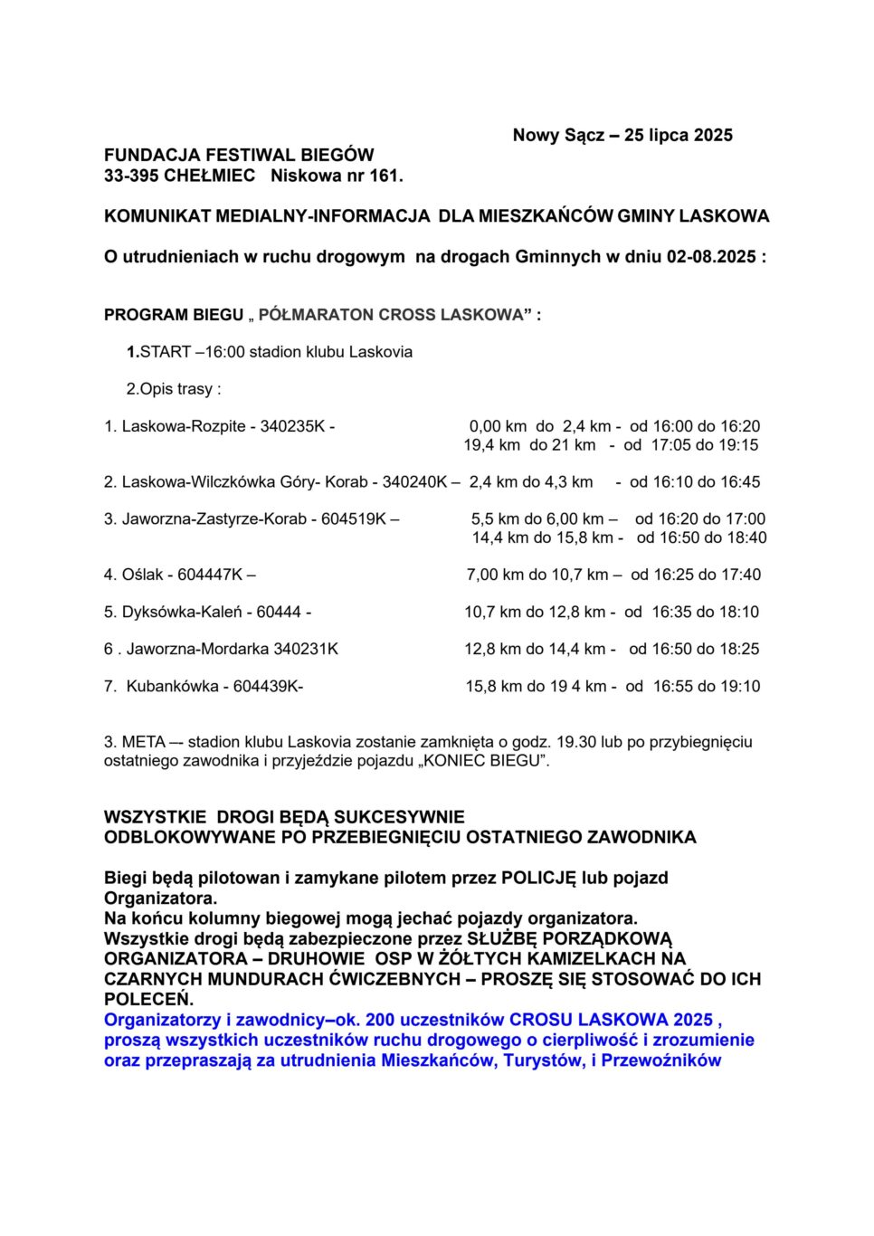 Komunikat Fundacji Festiwal Biegów w związku z organizowanym półmaratonem. Gmina Laskowa