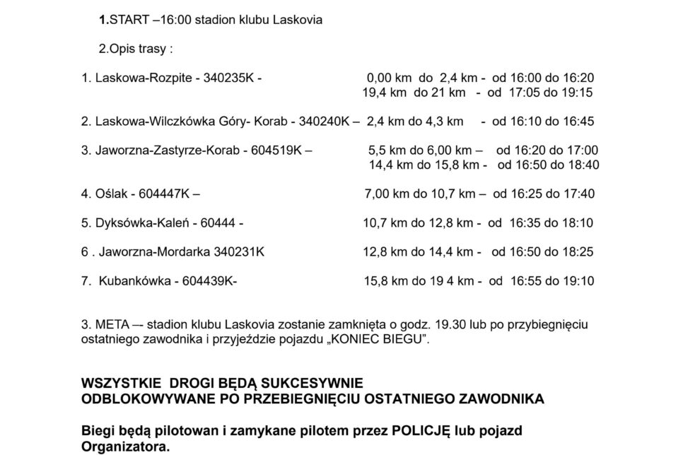 Komunikat Fundacji Festiwal Biegów w związku z organizowanym półmaratonem. Gmina Laskowa