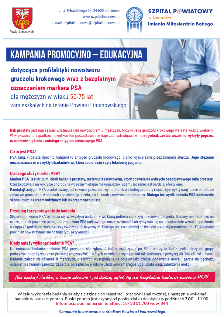 Bezpłatne badania PSA dla mężczyzny z terenu Powiatu Limanowskiego. Powiat limanowski