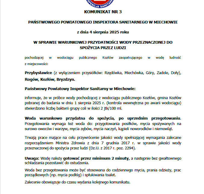 Przybysławice (z wyłączeniem przysiółków: Rzędówka, Miechówka, Góry, Zadole, Doły), Rogów, Kozłów, Bryzdzyn: WARUNKOWA PRZYDATNOŚĆ WODY PRZEZNACZONEJ DO SPOŻYCIA PRZEZ LUDZI. Gmina Kozłów