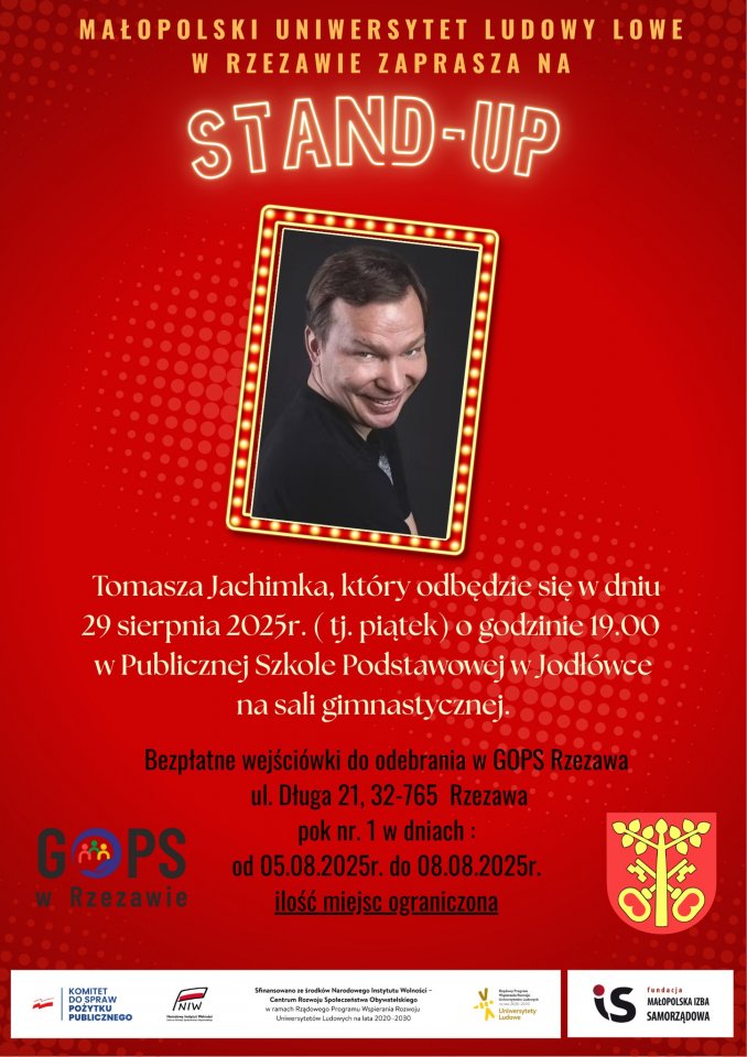 Zapraszamy na STAND-UP Tomasza Jachimka!. Gmina Rzezawa