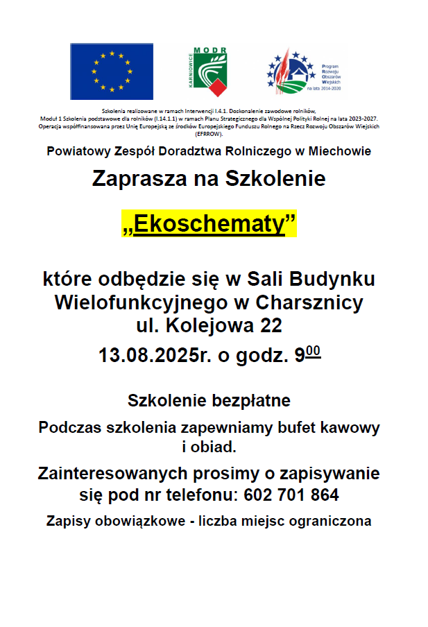 Szkolenie – ,,Ekoschematy”. Gmina Charsznica