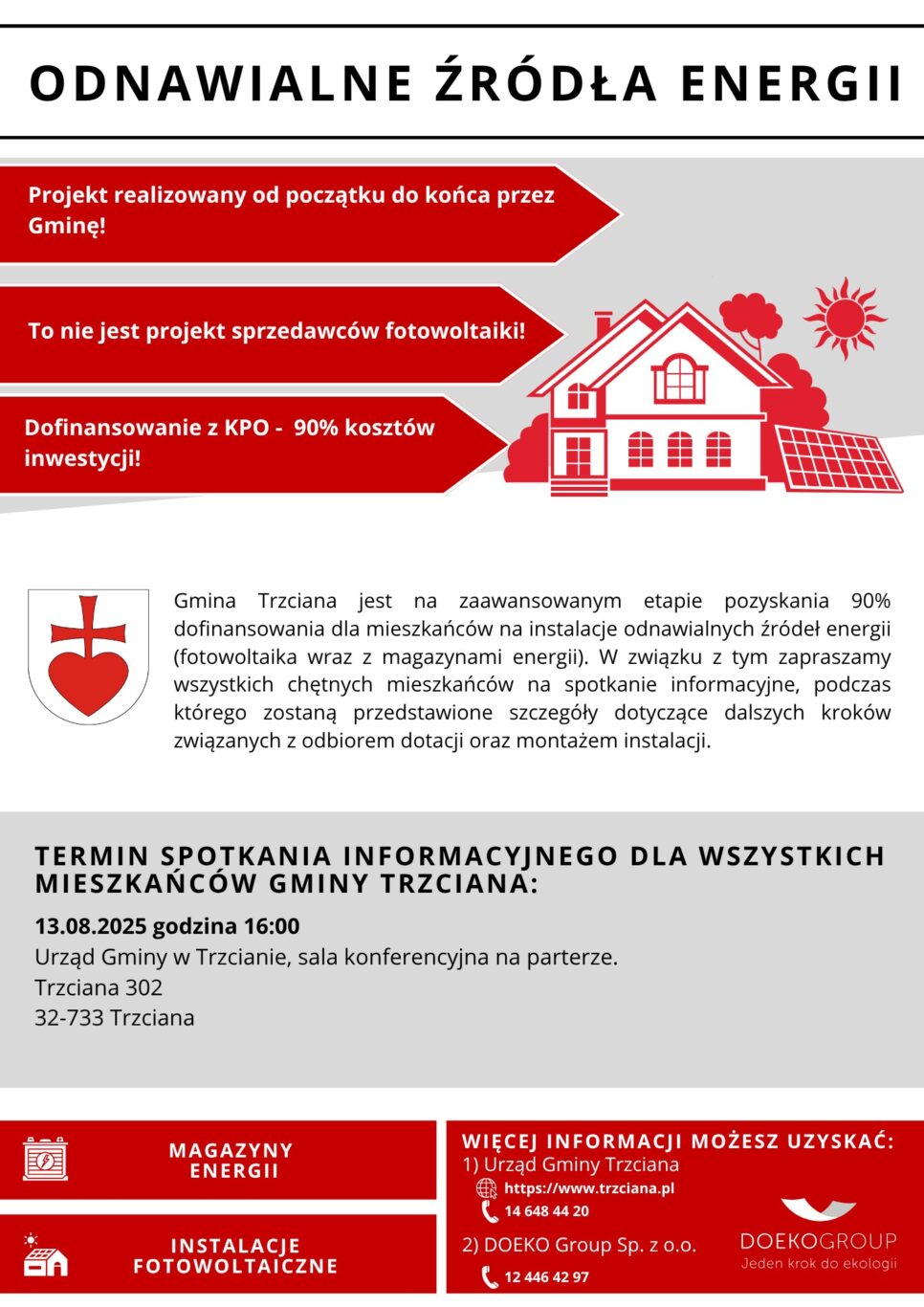 PILNA informacja dla osób, które zapisały się do projektu na OZE. Gmina Trzciana