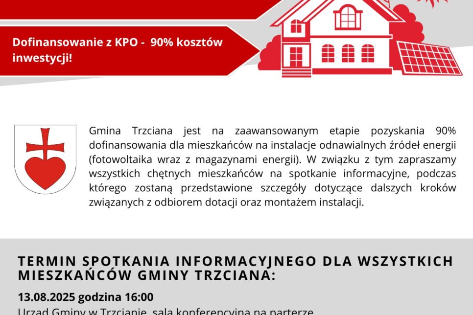 PILNA informacja dla osób, które zapisały się do projektu na OZE. Gmina Trzciana