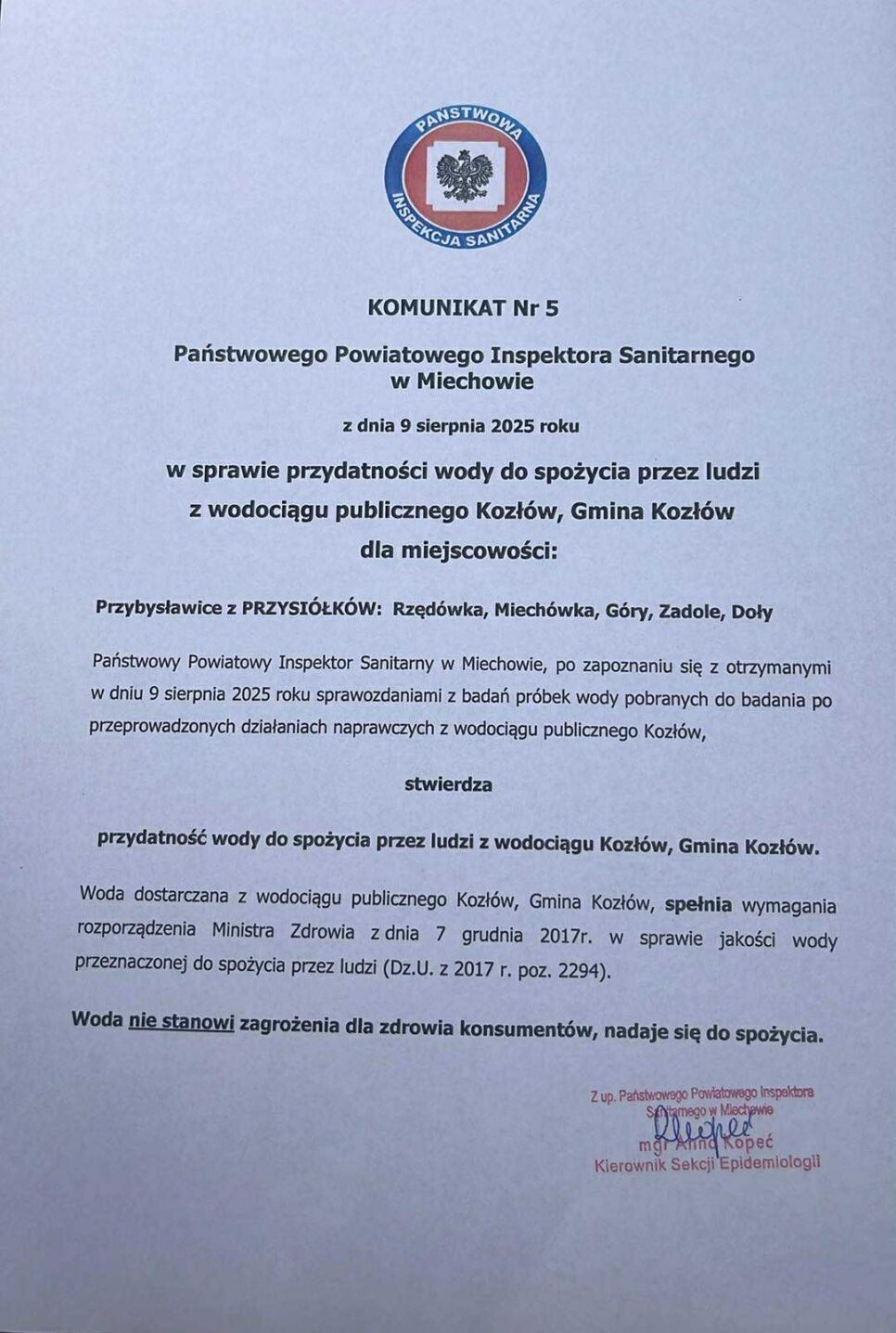 Przybysławice (Rzędówka, Miechówka, Góry, Zadole, Doły) – woda przydatna do spożycia. Gmina Kozłów