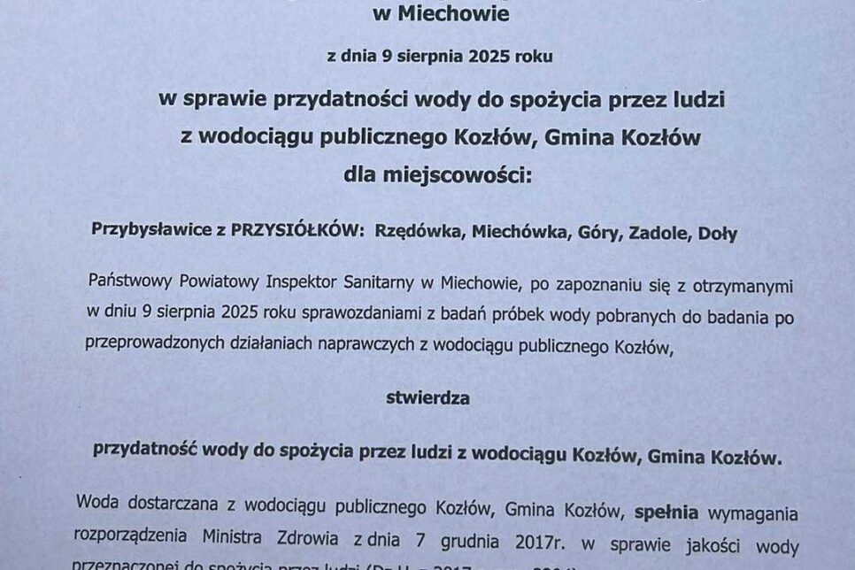 Przybysławice (Rzędówka, Miechówka, Góry, Zadole, Doły) – woda przydatna do spożycia. Gmina Kozłów
