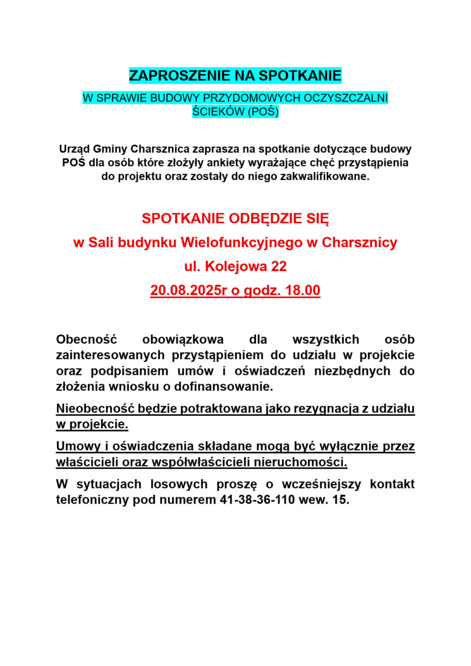 Zaproszenie na spotkanie w/s budowy przydomowych oczyszczalni ścieków.. Gmina Charsznica