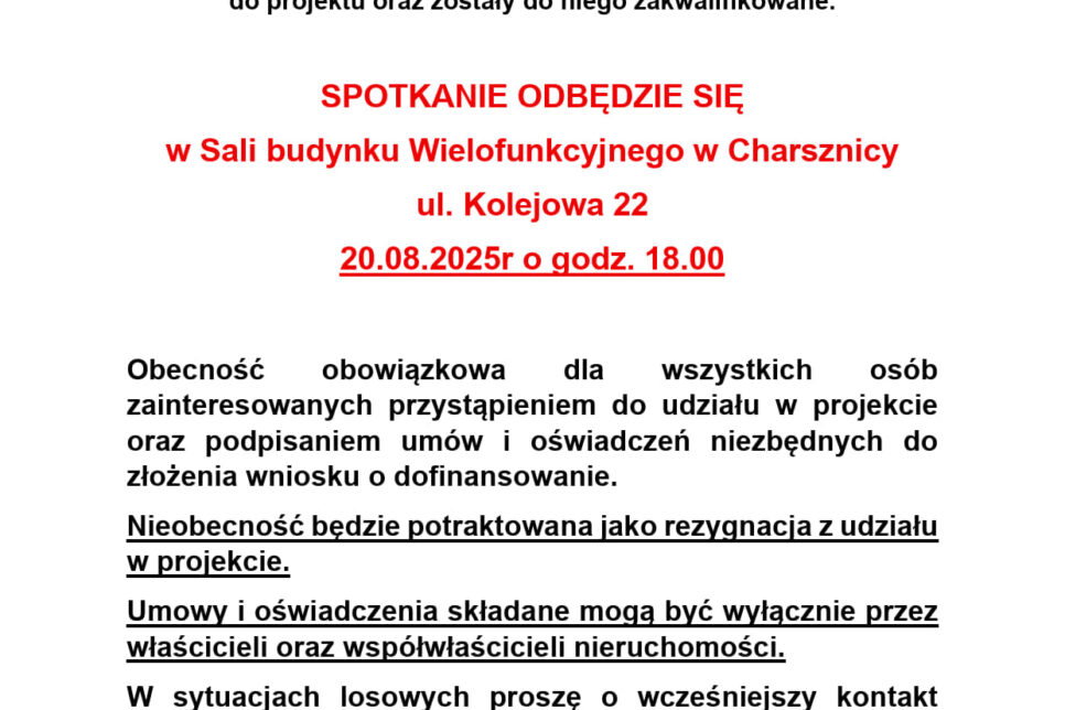 Zaproszenie na spotkanie w/s budowy przydomowych oczyszczalni ścieków.. Gmina Charsznica