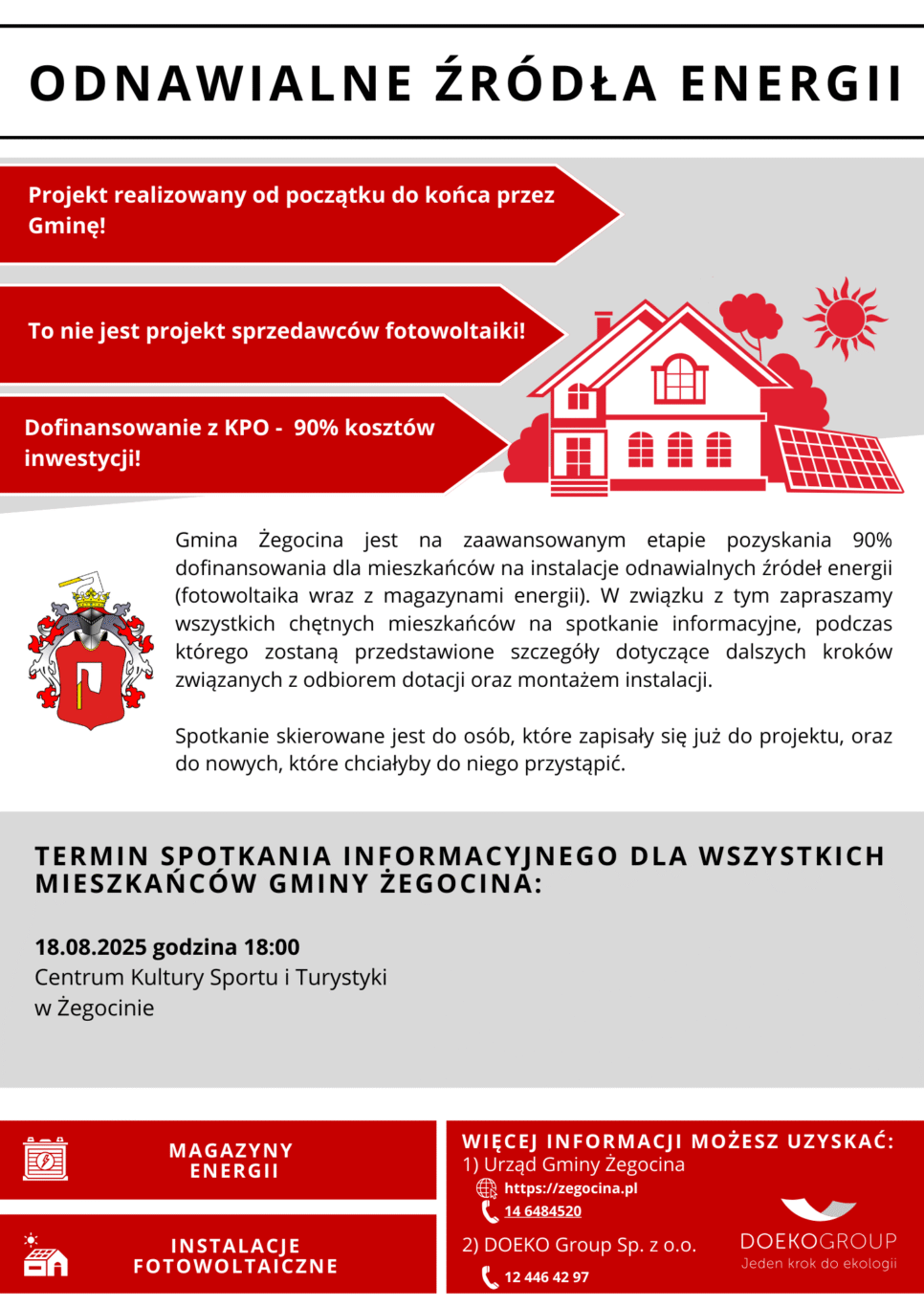 Dofinansowanie 90% na fotowoltaikę i magazyny energii – spotkanie informacyjne dla mieszkańców Gminy. Gmina Żegocina