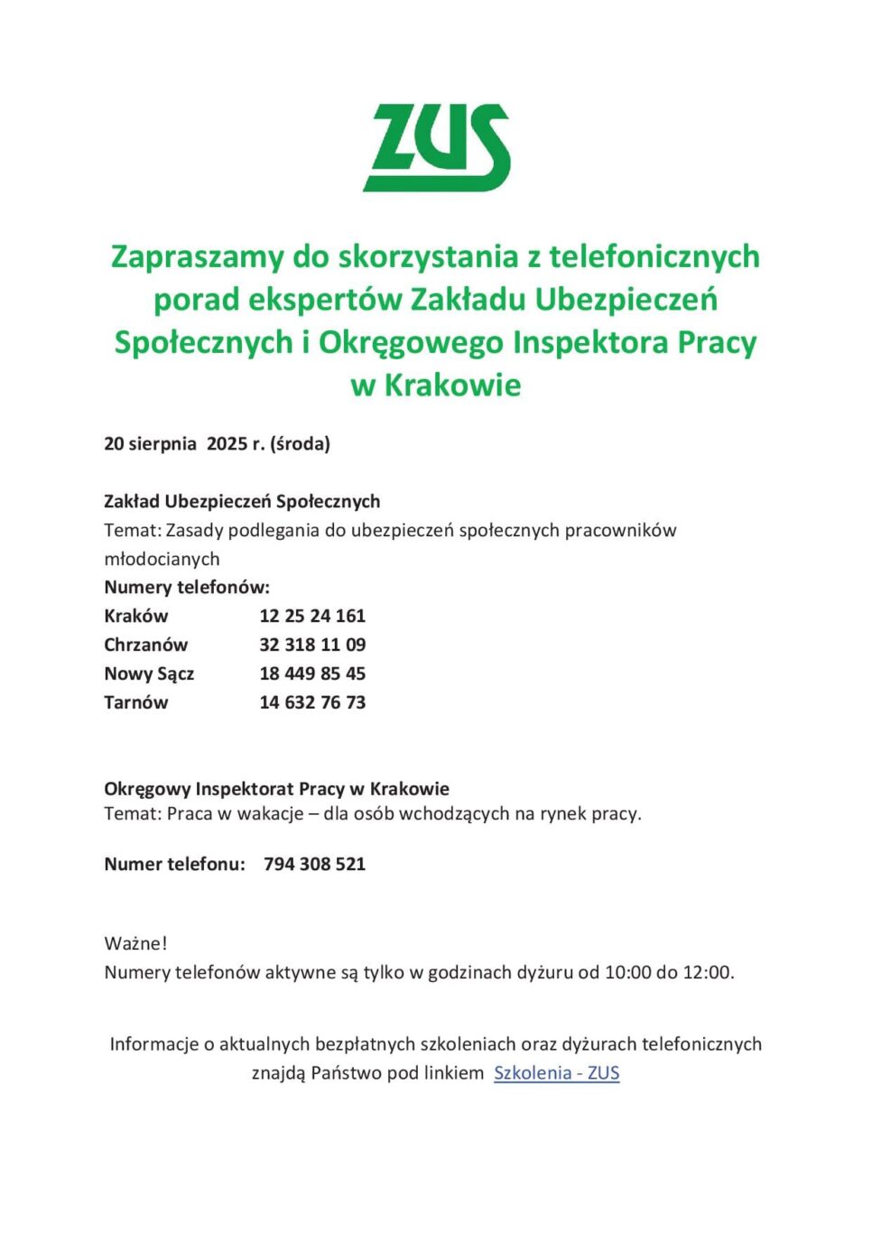 Dyżur telefoniczny ZUS. Gmina Pcim