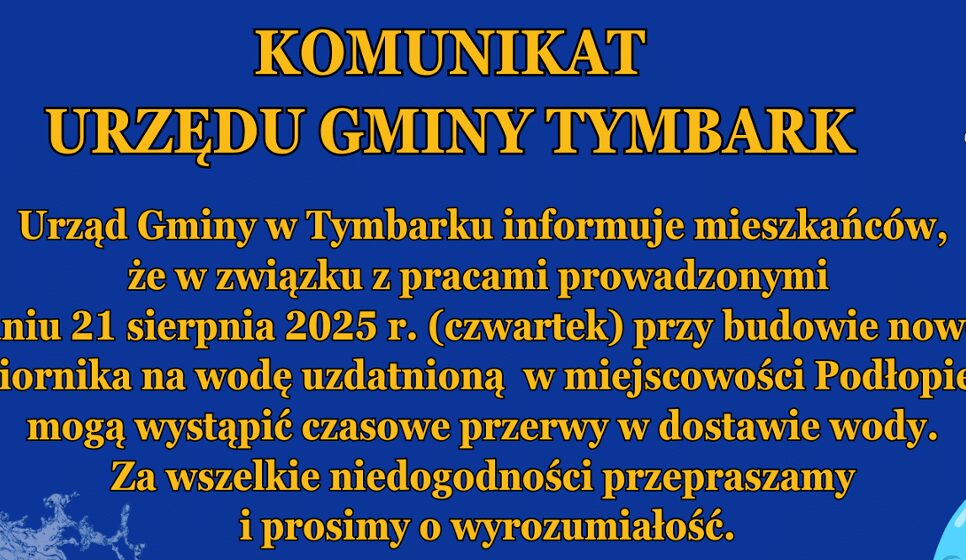 Komunikat Urzędu Gminy Tymbark z dn. 21.08.2025 r.. Gmina Tymbark