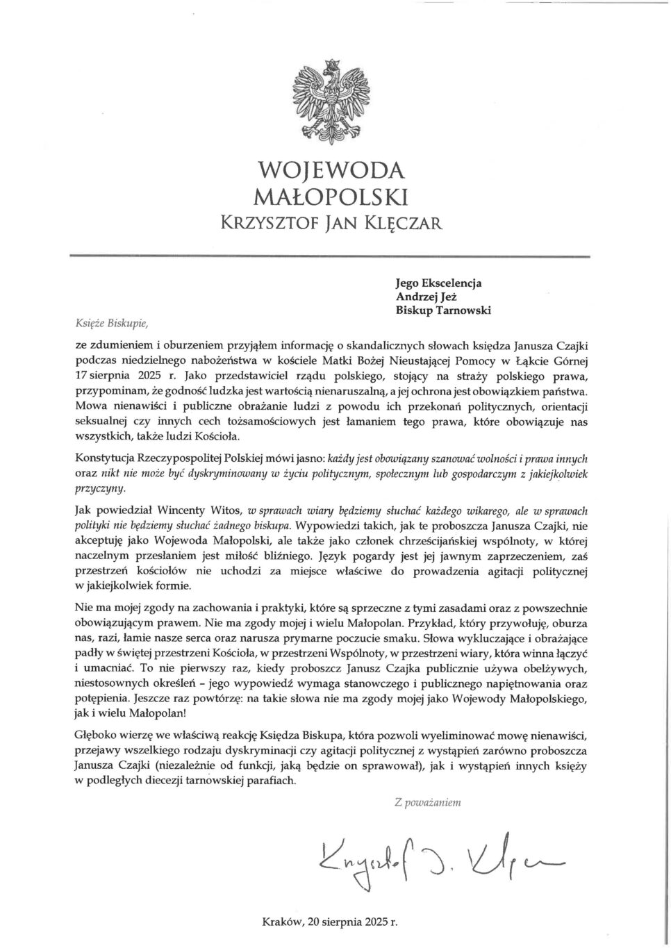 Apel wojewody małopolskiego Krzysztofa Jana Klęczara do biskupa tarnowskiego Andrzeja Jeża. Małopolska