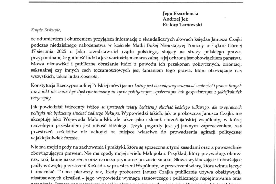 Apel wojewody małopolskiego Krzysztofa Jana Klęczara do biskupa tarnowskiego Andrzeja Jeża. Małopolska