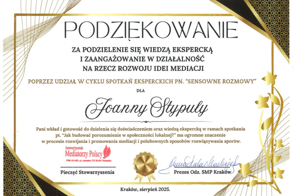 Podziękowanie od Stowarzyszenia Mediatorzy Polscy. Zembrzyce