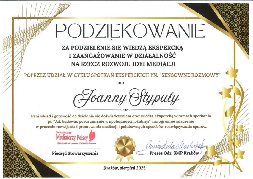 Podziękowanie od Stowarzyszenia Mediatorzy Polscy. Zembrzyce