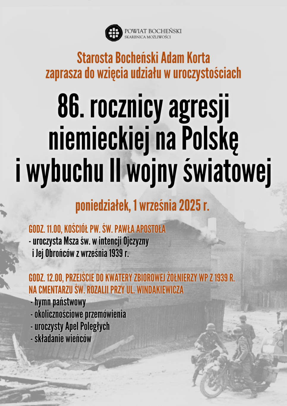 Powiat Bocheński upamiętni 86. rocznicę agresji na Polskę. Bochnia
