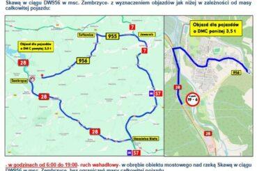 Utrudnienia w ruchu w ciągu drogi wojewódzkiej DW 956 w miejscowości Zembrzyce od 1.09.2025 r. do 31.10.2025 r.. Zembrzyce
