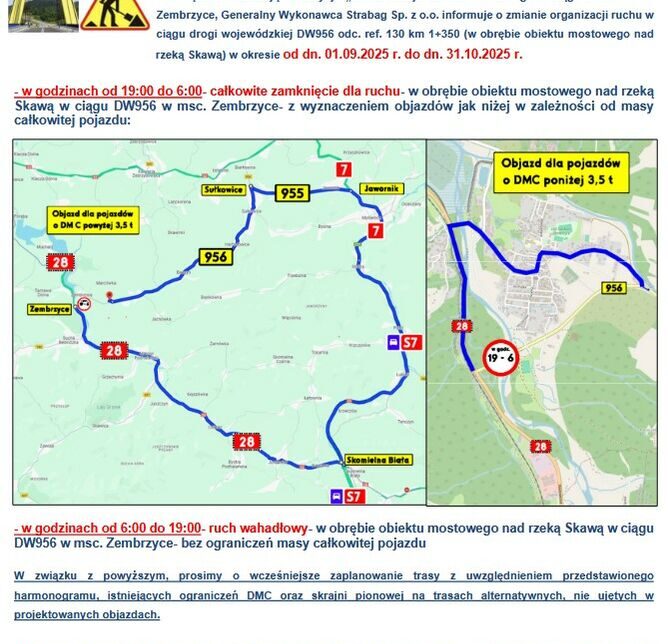Utrudnienia w ruchu w ciągu drogi wojewódzkiej DW 956 w miejscowości Zembrzyce od 1.09.2025 r. do 31.10.2025 r.. Zembrzyce