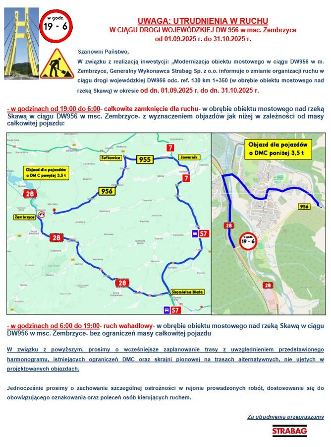 Utrudnienia w ruchu w ciągu drogi wojewódzkiej DW 956 w miejscowości Zembrzyce od 1.09.2025 r. do 31.10.2025 r.. Zembrzyce