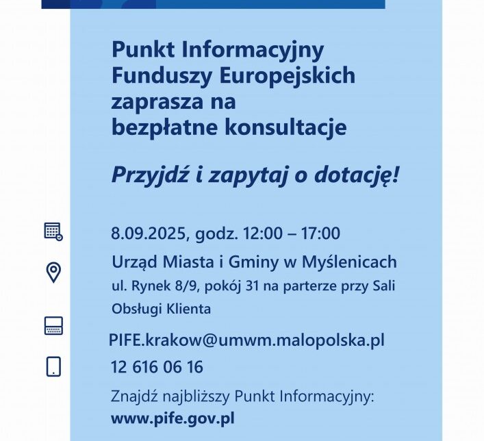 Całodzienny dyżur Punktu Informacyjnego Funduszy Europejskich dla mieszkańców Gminy Myślenice. Gmina Myślenice