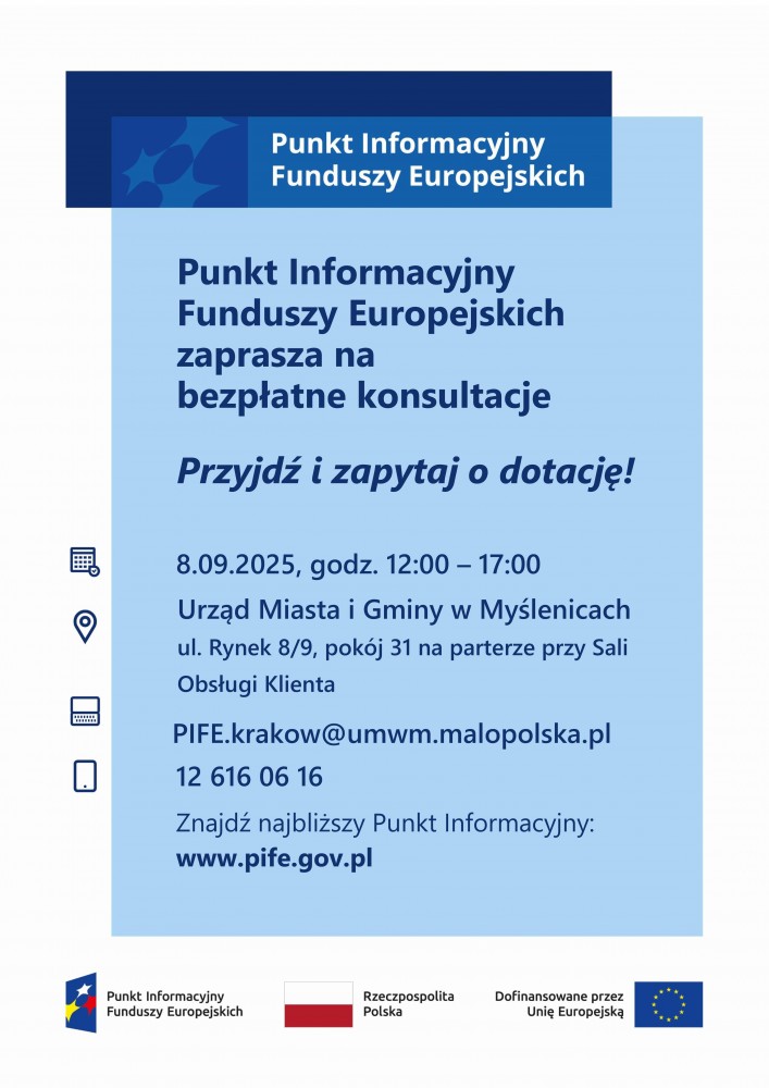 Całodzienny dyżur Punktu Informacyjnego Funduszy Europejskich dla mieszkańców Gminy Myślenice. Gmina Myślenice
