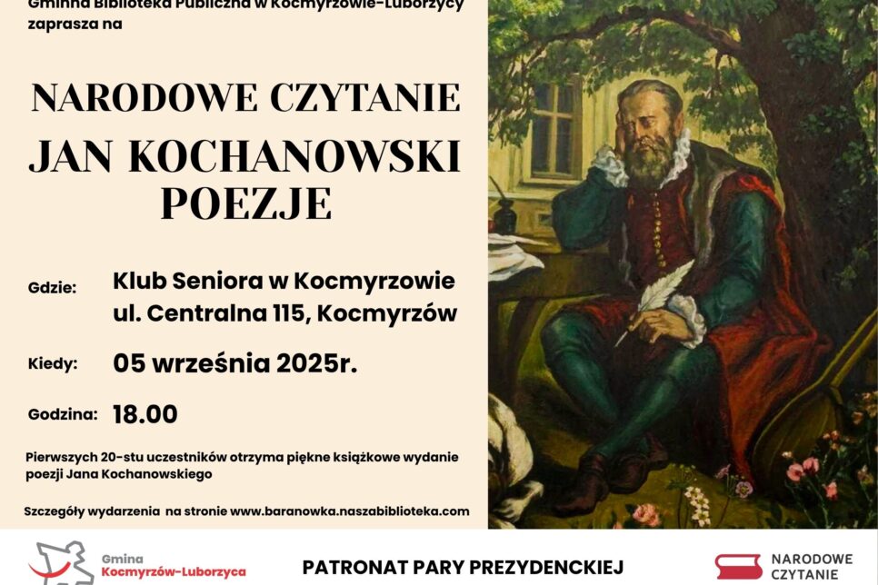 Narodowe Czytanie Poezji Jana Kochanowskiego w Kocmyrzowie!. Gmina Kocmyrzów-Luborzyca