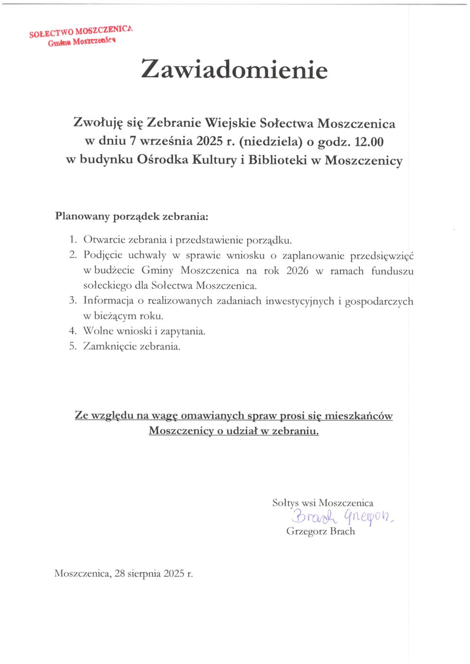 Zebranie Wiejskie Sołectwa Moszczenica. Gmina Moszczenica