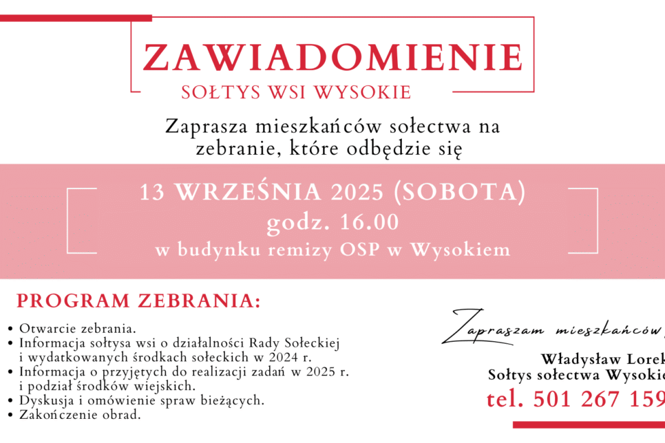 Zaproszenie na zebranie wiejskie w Wysokiem dnia 13 września. Gmina Limanowa