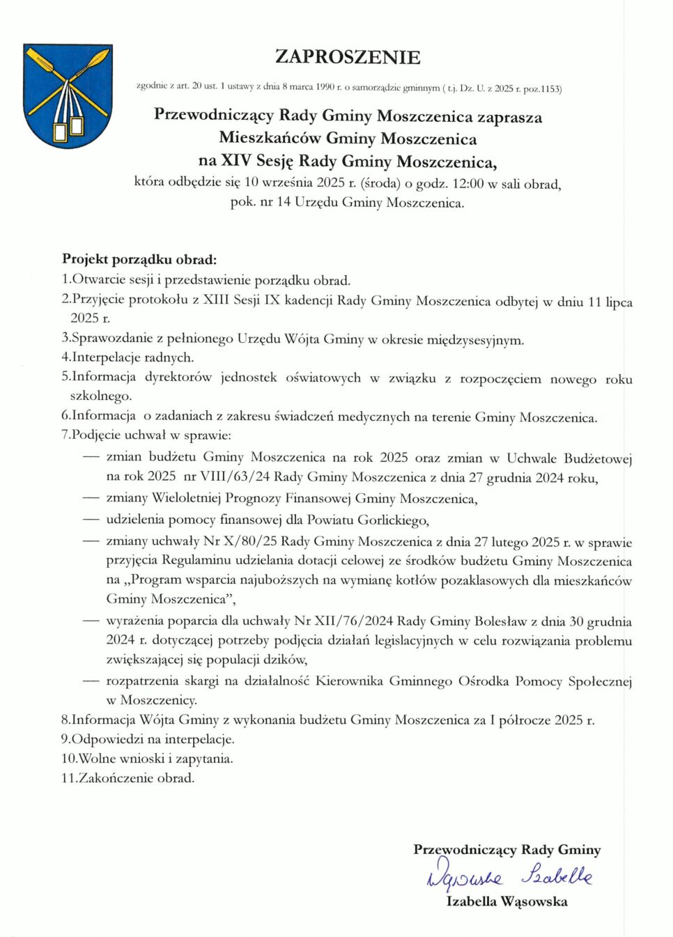 Zaproszenie na XIV Sesję Rady Gminy Moszczenica. Gmina Moszczenica