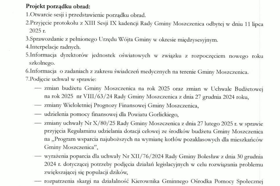 Zaproszenie na XIV Sesję Rady Gminy Moszczenica. Gmina Moszczenica