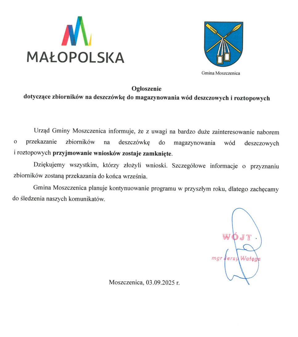 Ogłoszenie dotyczące zbiorników na deszczówkę do magazynowania wód deszczowych i roztopowych. Gmina Moszczenica