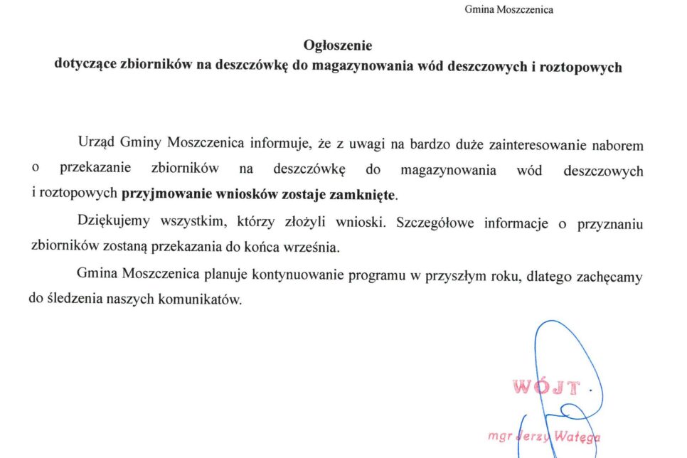 Ogłoszenie dotyczące zbiorników na deszczówkę do magazynowania wód deszczowych i roztopowych. Gmina Moszczenica