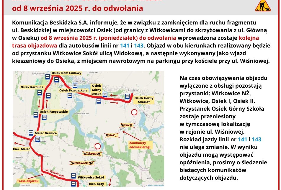 Komunikacja Beskidzka S.A. informuje. Osiek