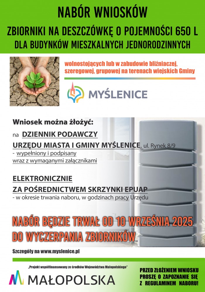 Rusza nabór do programu „Pojemniki na deszczówkę w Gminie Myślenice”. Gmina Myślenice