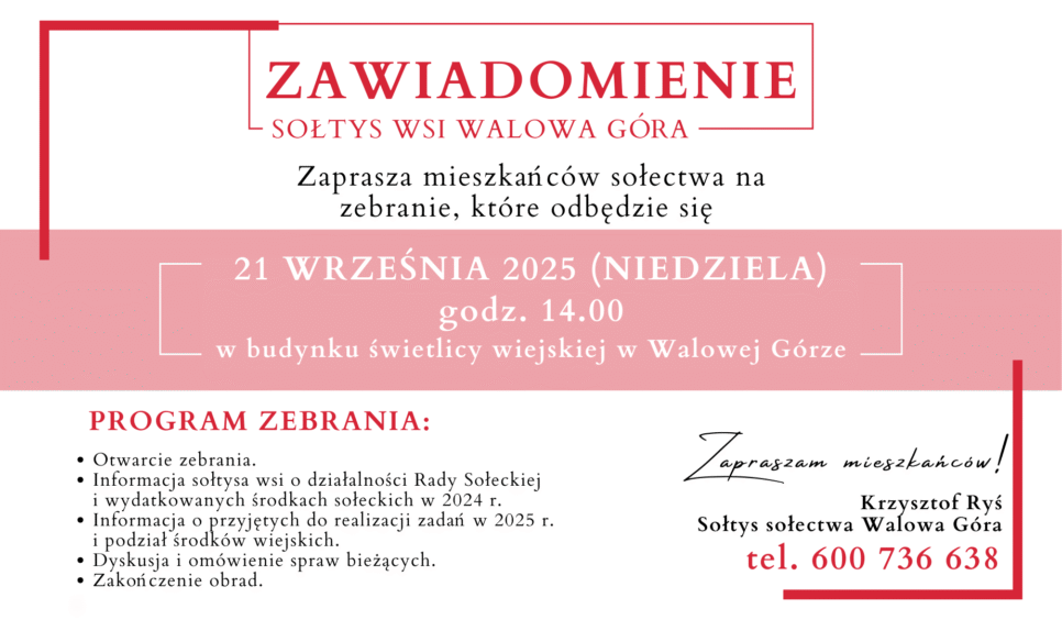 Zaproszenie na zebranie wiejskie w Walowej Górze dnia 21 września. Gmina Limanowa