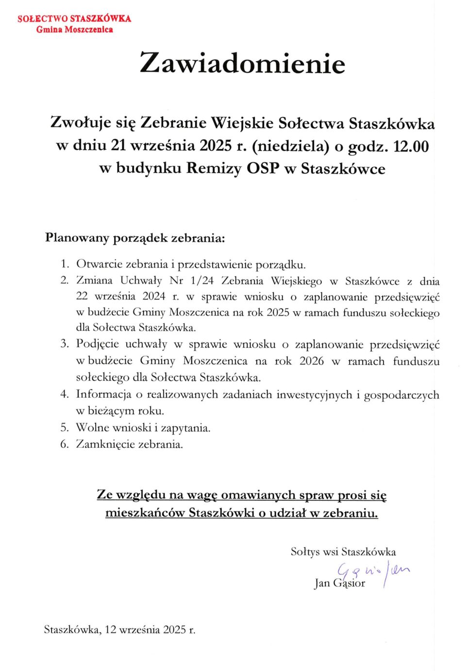 Zebranie Wiejskie Sołectwa Staszkówka. Gmina Moszczenica