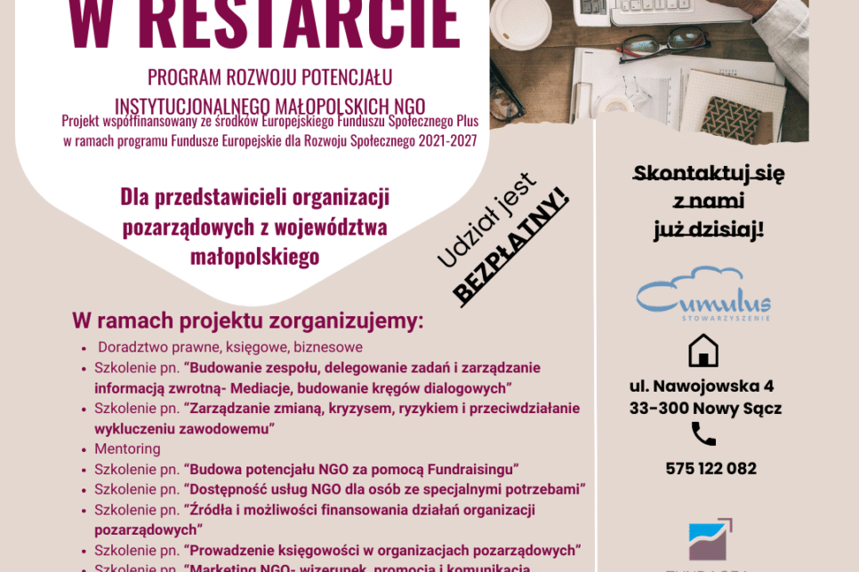 Wsparcie w Restarcie – Zaproszenie dla NGO do wzięcia udziału w bezpłatnym projekcie. Gmina Dobra