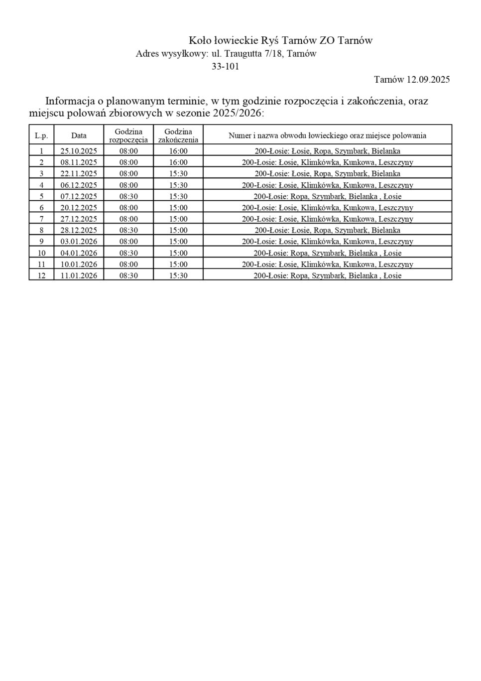Kalendarz polowań zbiorowych Koła Łowieckiego Ryś Tarnów. Gmina Ropa